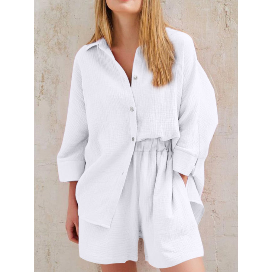 Texture Button Up Shirt and Shorts Set White / S Apparel Accessories