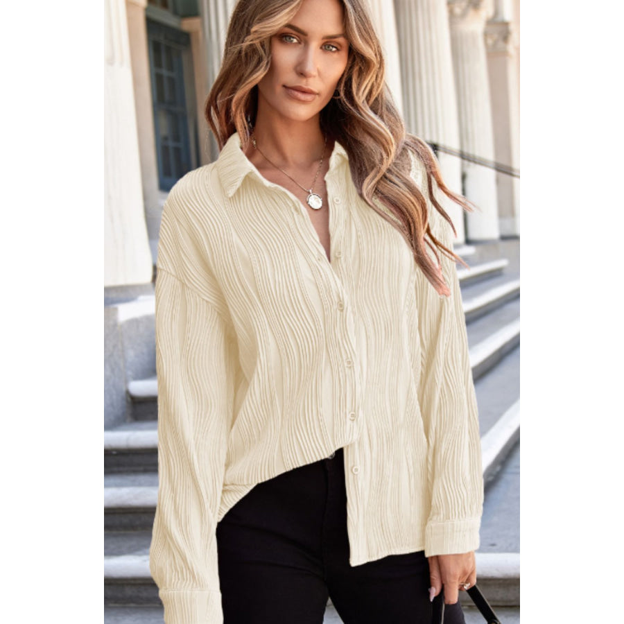 Texture Collared Neck Button Down Long Sleeve Shirt Apparel and Accessories