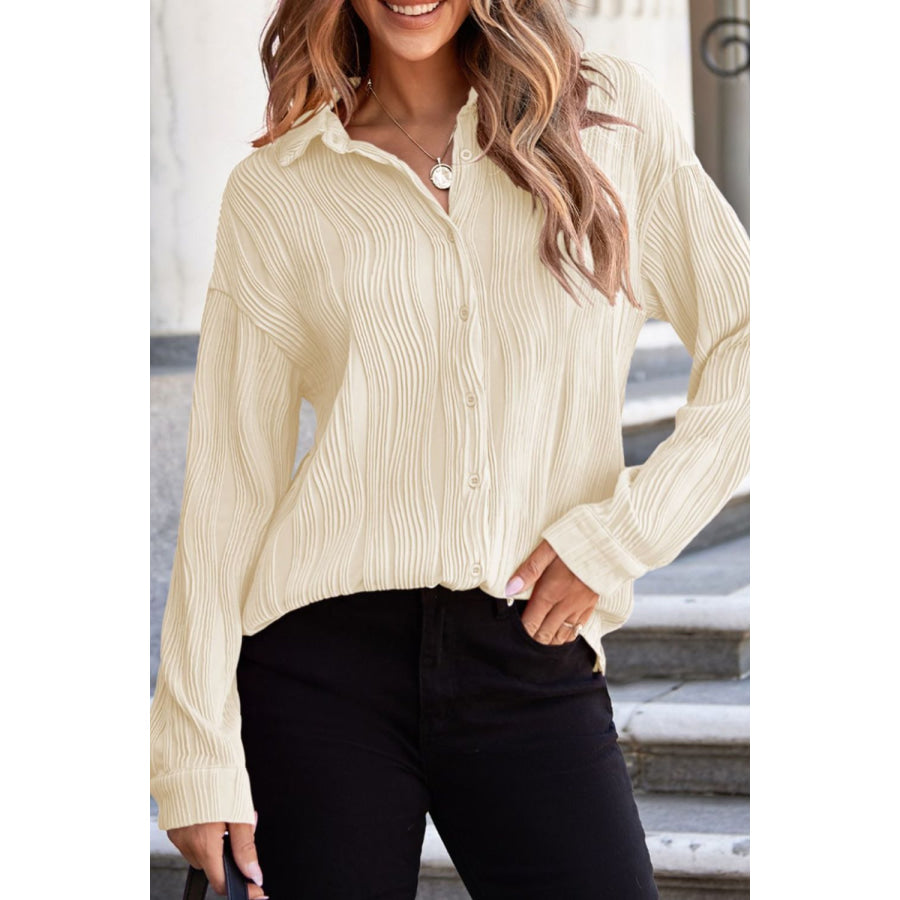 Texture Collared Neck Button Down Long Sleeve Shirt Apparel and Accessories