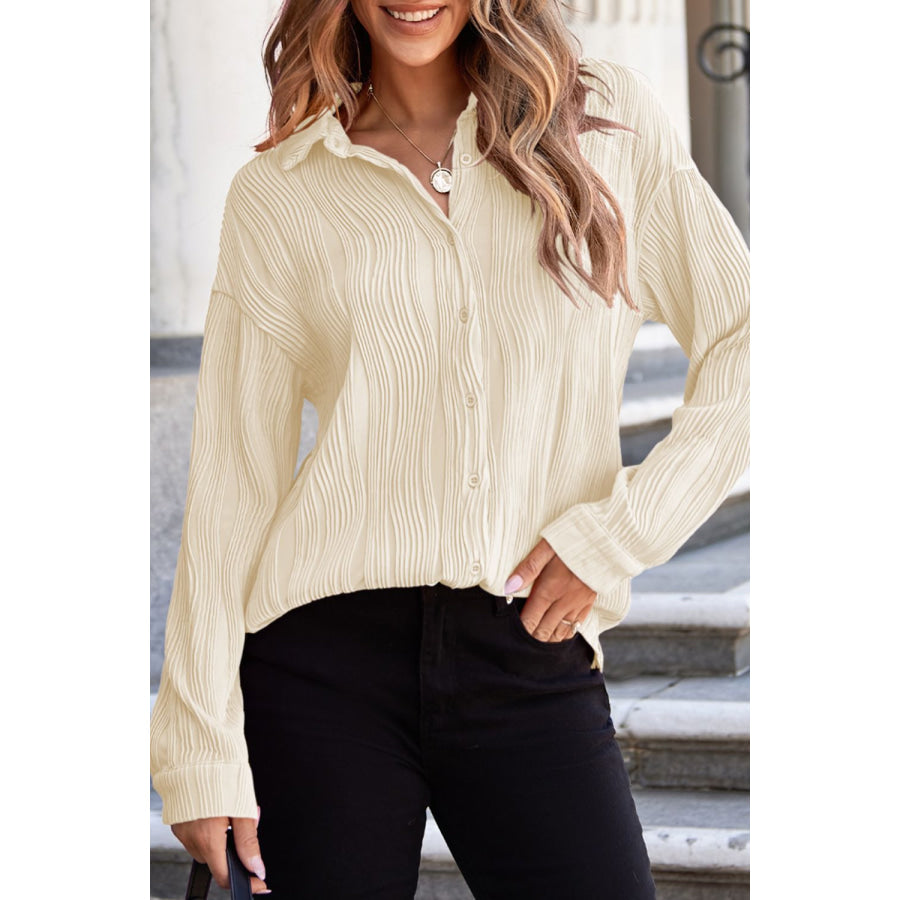 Texture Collared Neck Button Down Long Sleeve Shirt Beige / S Apparel and Accessories