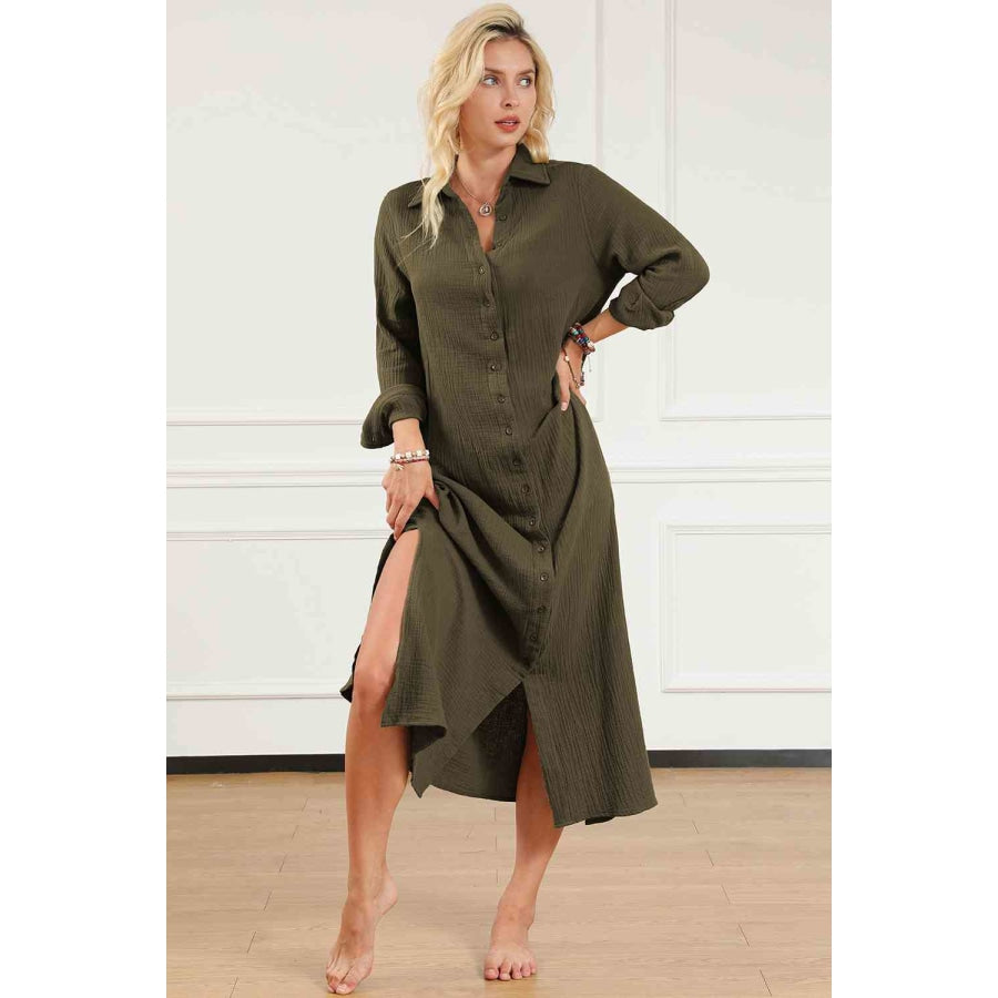 Texture Collared Neck Button Up Slit Shirt Dress Clothing