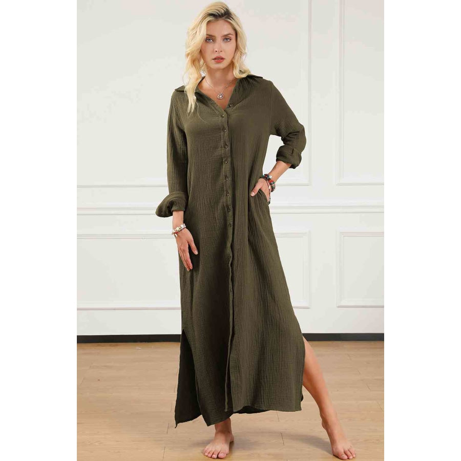 Texture Collared Neck Button Up Slit Shirt Dress Moss / S Clothing