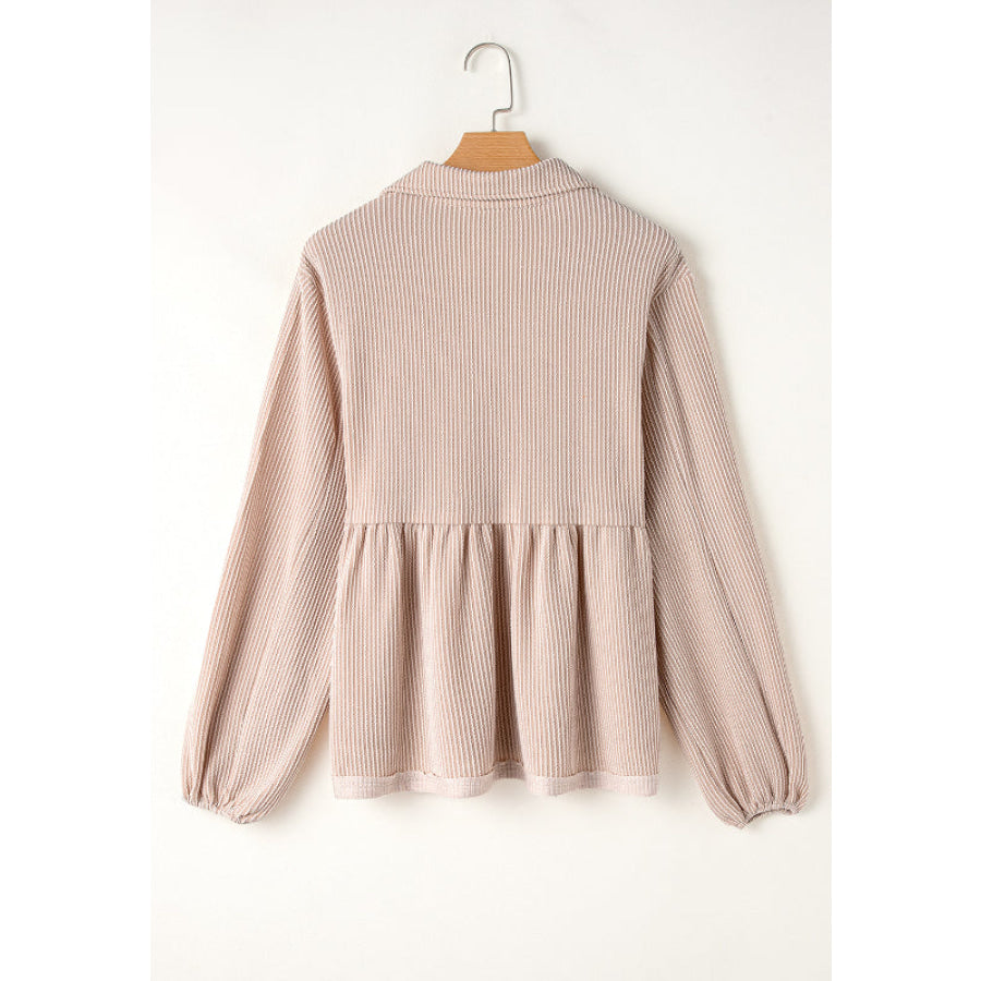 Texture Collared Neck Long Sleeve Blouse Apparel and Accessories