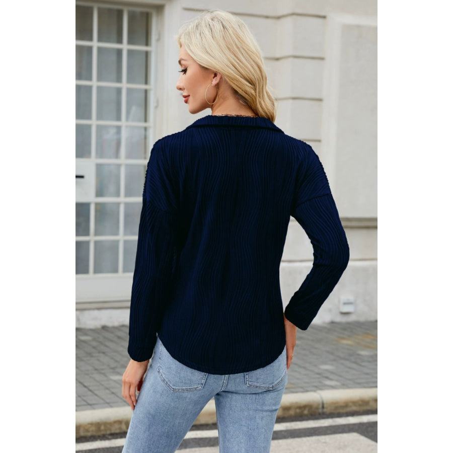 Texture Collared Neck Long Sleeve Blouse Apparel and Accessories