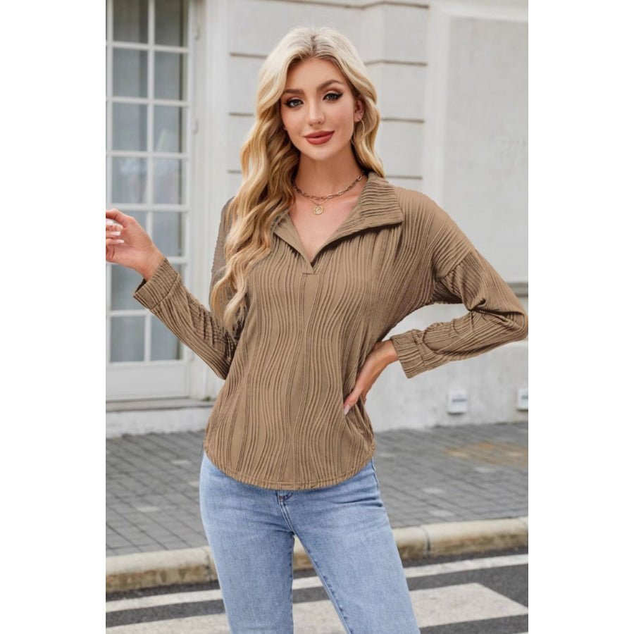 Texture Collared Neck Long Sleeve Blouse Apparel and Accessories