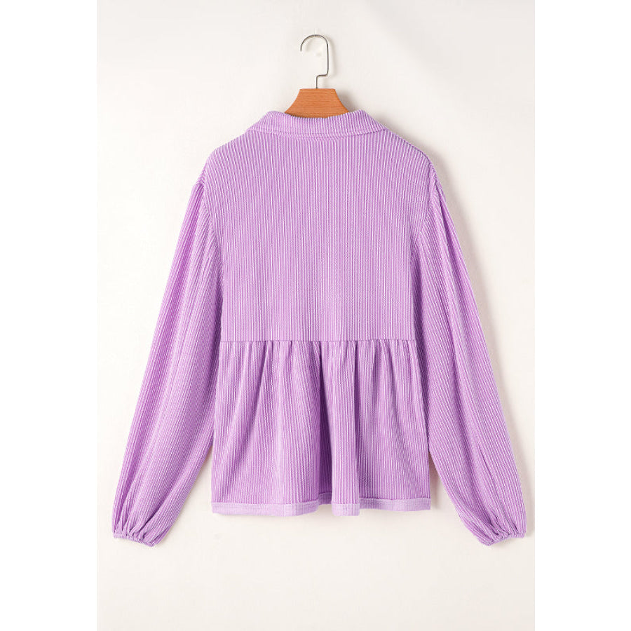 Texture Collared Neck Long Sleeve Blouse Apparel and Accessories