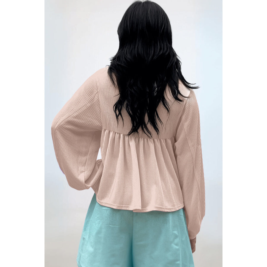 Texture Collared Neck Long Sleeve Blouse Apparel and Accessories