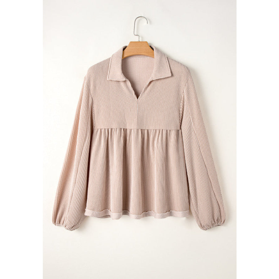 Texture Collared Neck Long Sleeve Blouse Apparel and Accessories