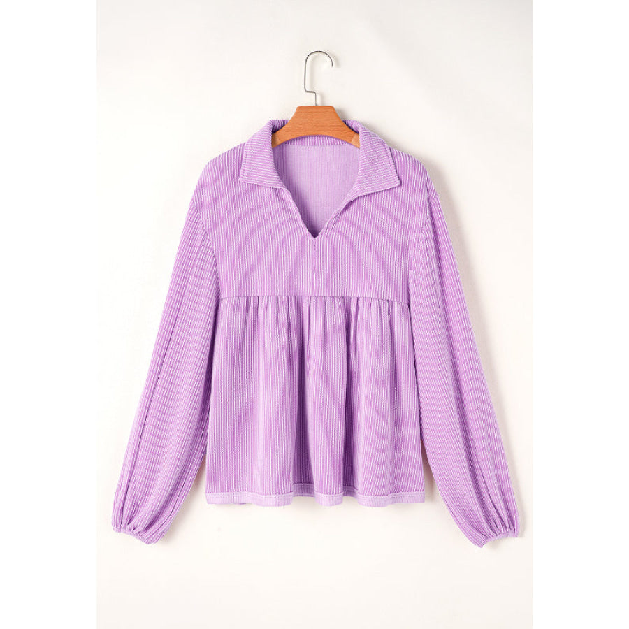 Texture Collared Neck Long Sleeve Blouse Apparel and Accessories