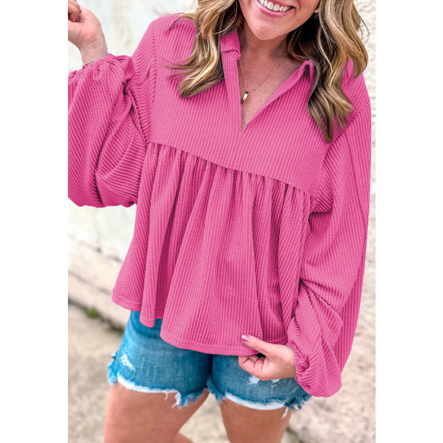 Texture Collared Neck Long Sleeve Blouse Pink / S Apparel and Accessories