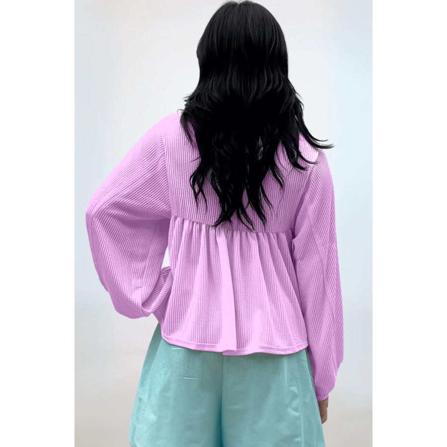 Texture Collared Neck Long Sleeve Blouse Apparel and Accessories