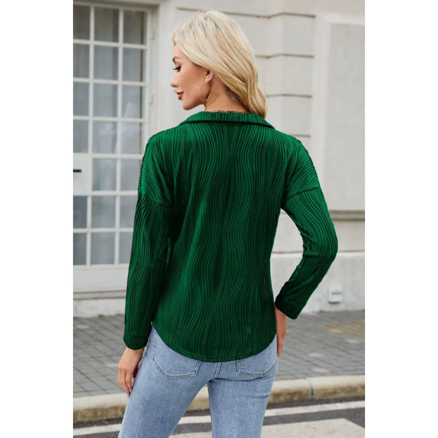 Texture Collared Neck Long Sleeve Blouse Apparel and Accessories