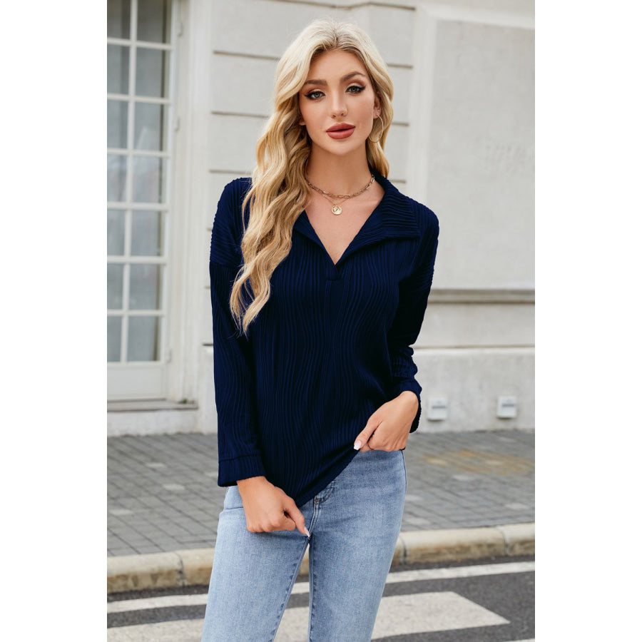Texture Collared Neck Long Sleeve Blouse Dark Navy / S Apparel and Accessories