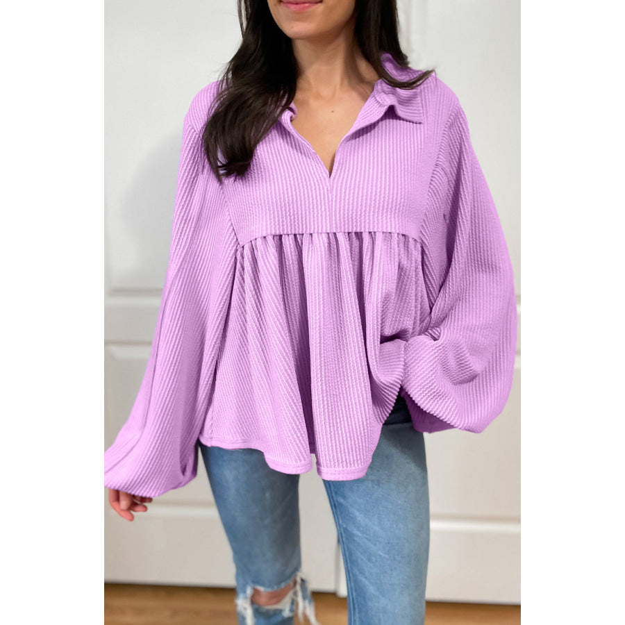 Texture Collared Neck Long Sleeve Blouse Lavender / S Apparel and Accessories