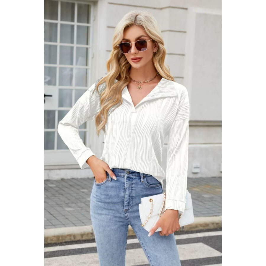 Texture Collared Neck Long Sleeve Blouse White / S Apparel and Accessories