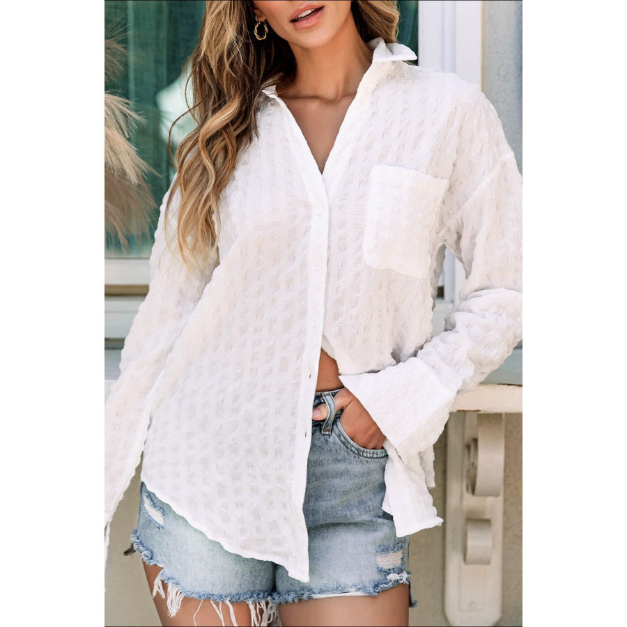 Texture Collared Neck Long Sleeve Shirt White / S Apparel and Accessories