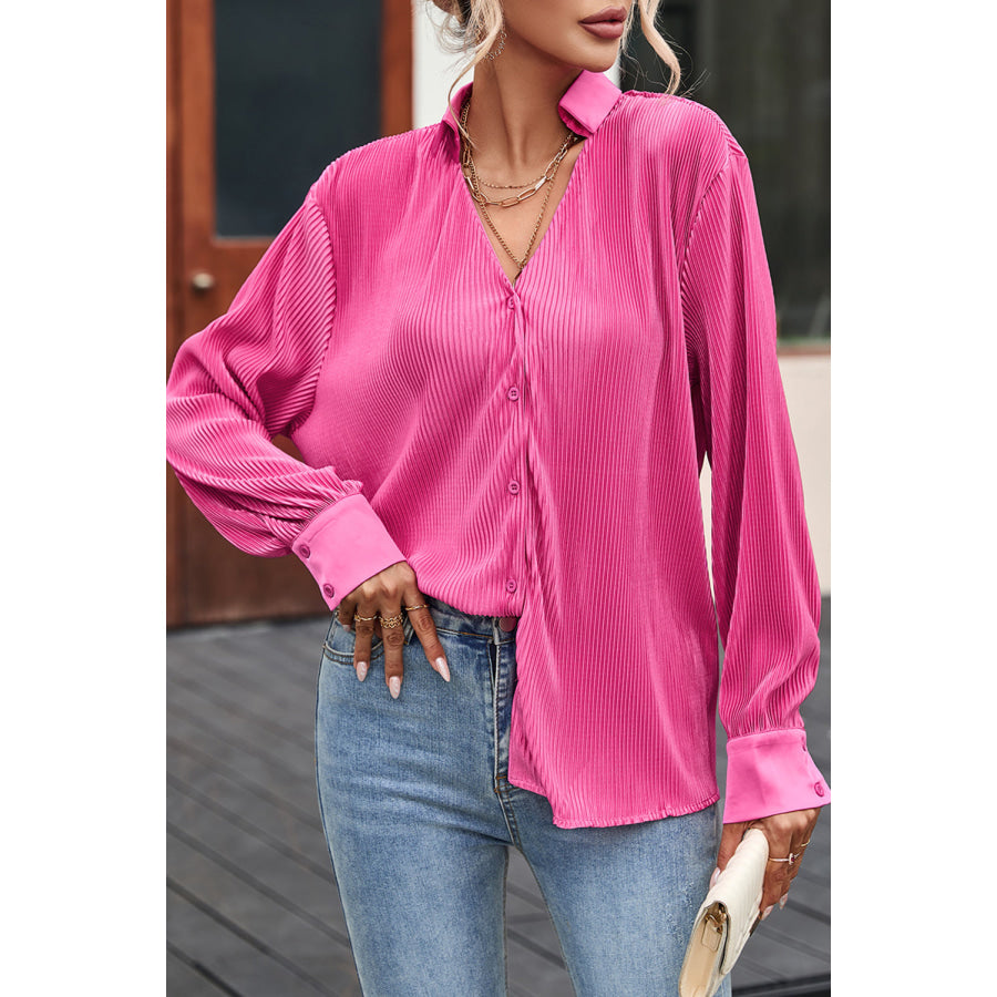 Texture Collared Neck Long Sleeve Shirt Apparel and Accessories