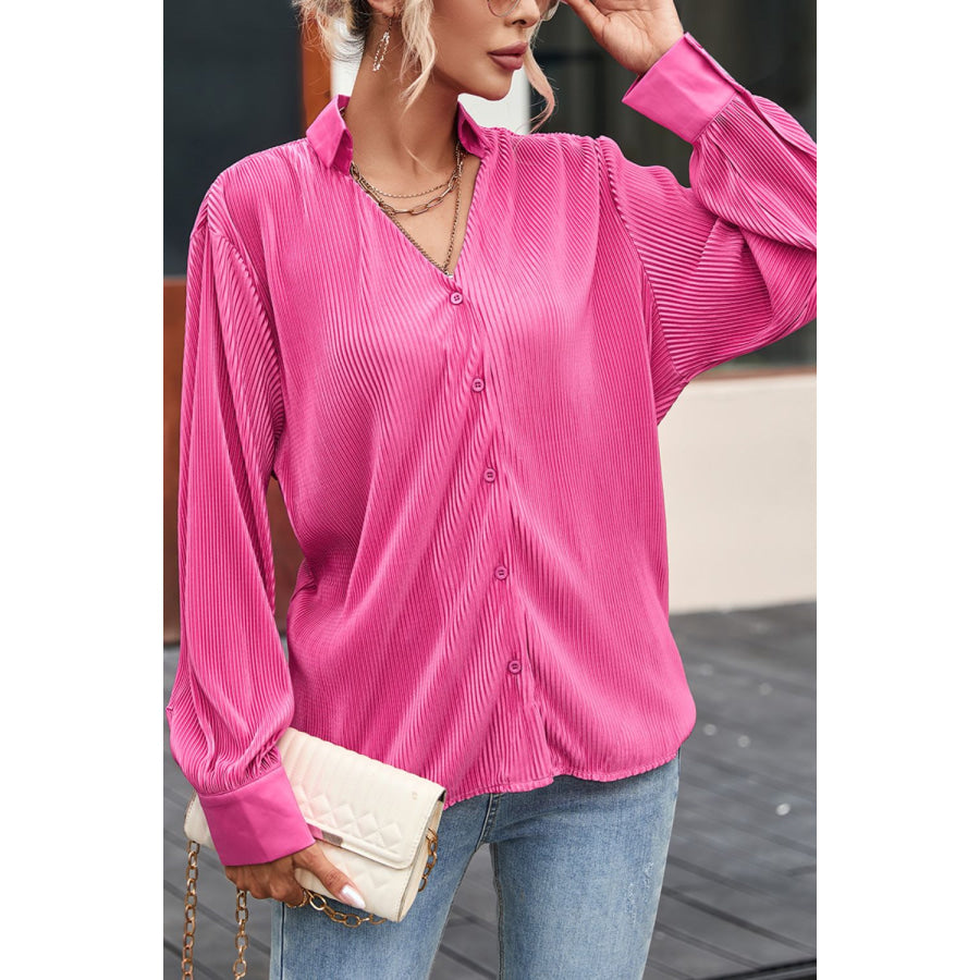 Texture Collared Neck Long Sleeve Shirt Hot Pink / S Apparel and Accessories