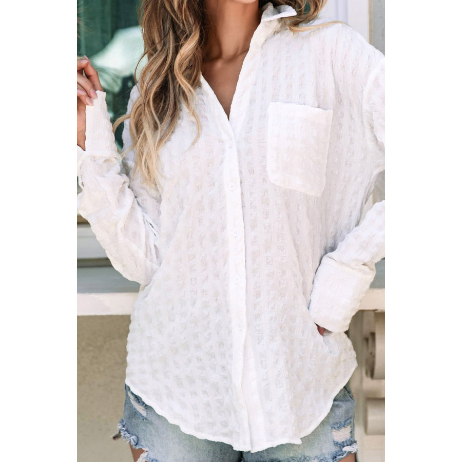 Texture Collared Neck Long Sleeve Shirt White / S Apparel and Accessories