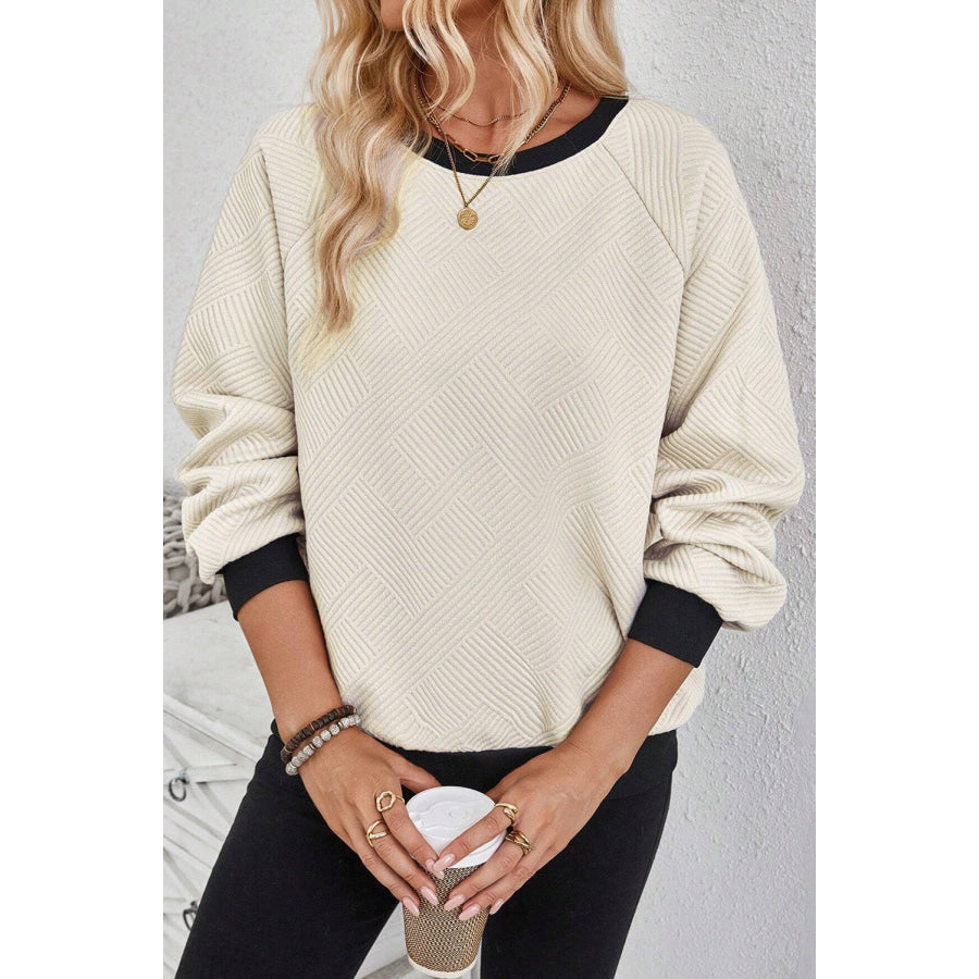 Texture Contrast Long Sleeve Sweatshirt Beige / S Apparel and Accessories