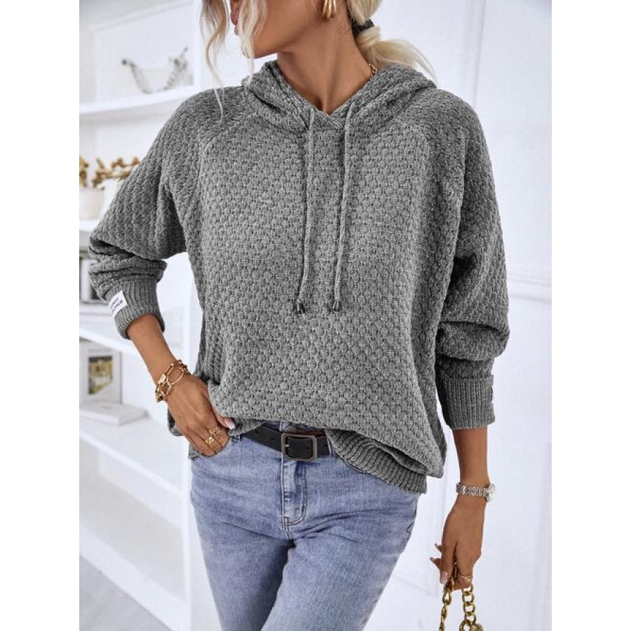 Texture Drawstring Long Sleeve Hooded Sweater Charcoal / S Shirts &amp; Tops