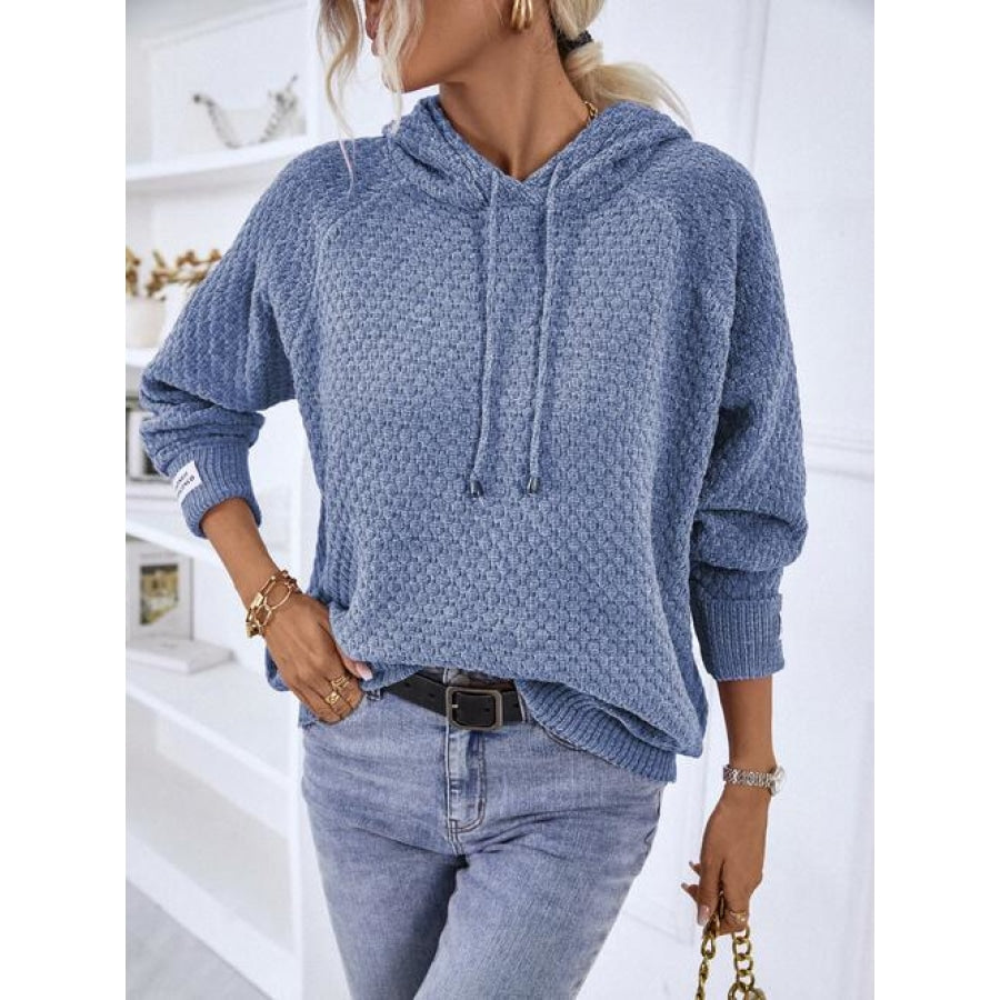 Texture Drawstring Long Sleeve Hooded Sweater French Blue / S Shirts &amp; Tops