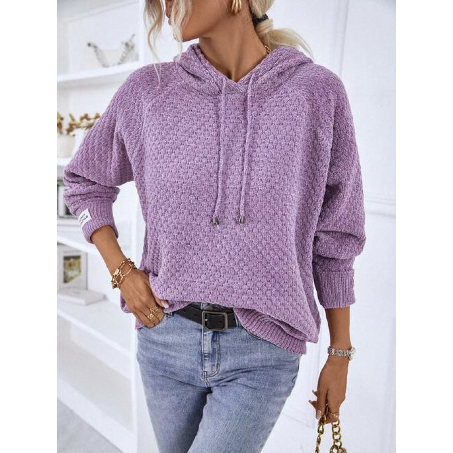 Texture Drawstring Long Sleeve Hooded Sweater Lavender / S Shirts &amp; Tops