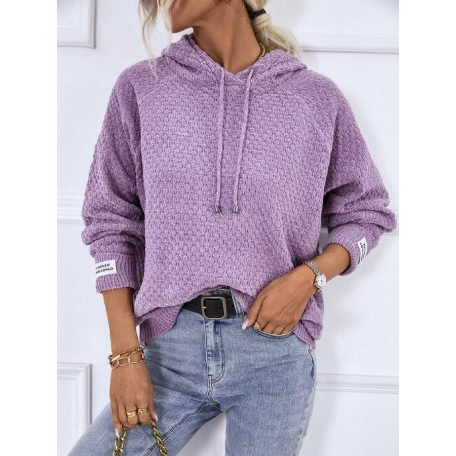 Texture Drawstring Long Sleeve Hooded Sweater Shirts &amp; Tops