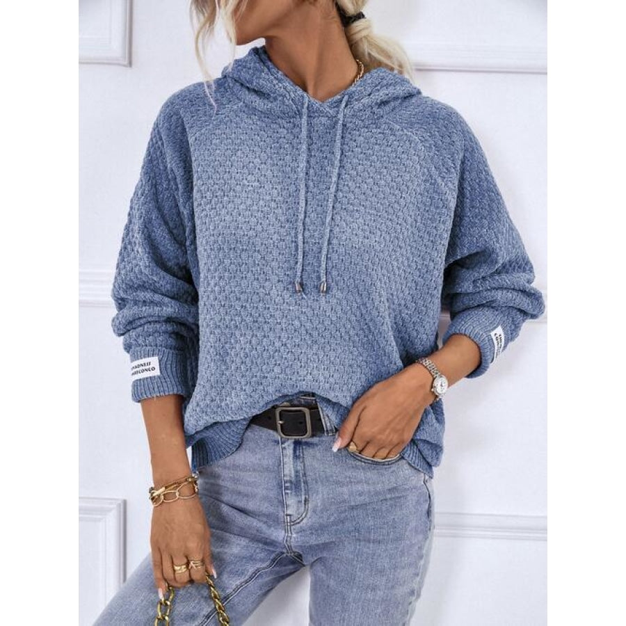 Texture Drawstring Long Sleeve Hooded Sweater Shirts &amp; Tops