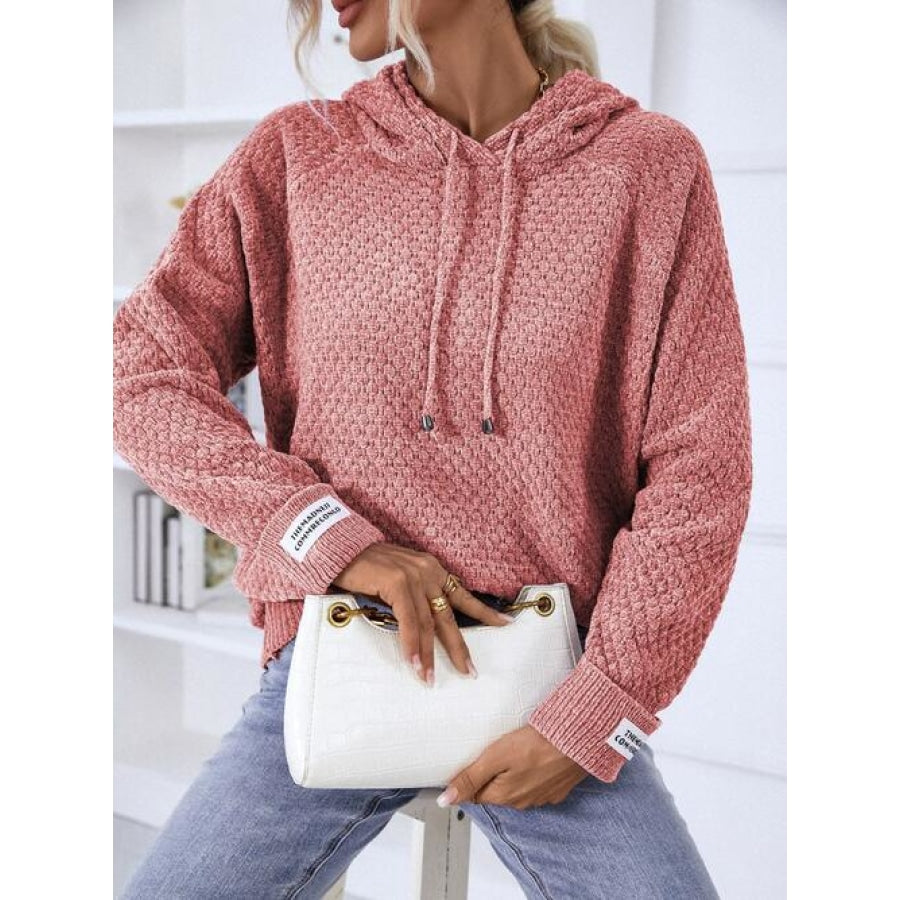 Texture Drawstring Long Sleeve Hooded Sweater Shirts &amp; Tops