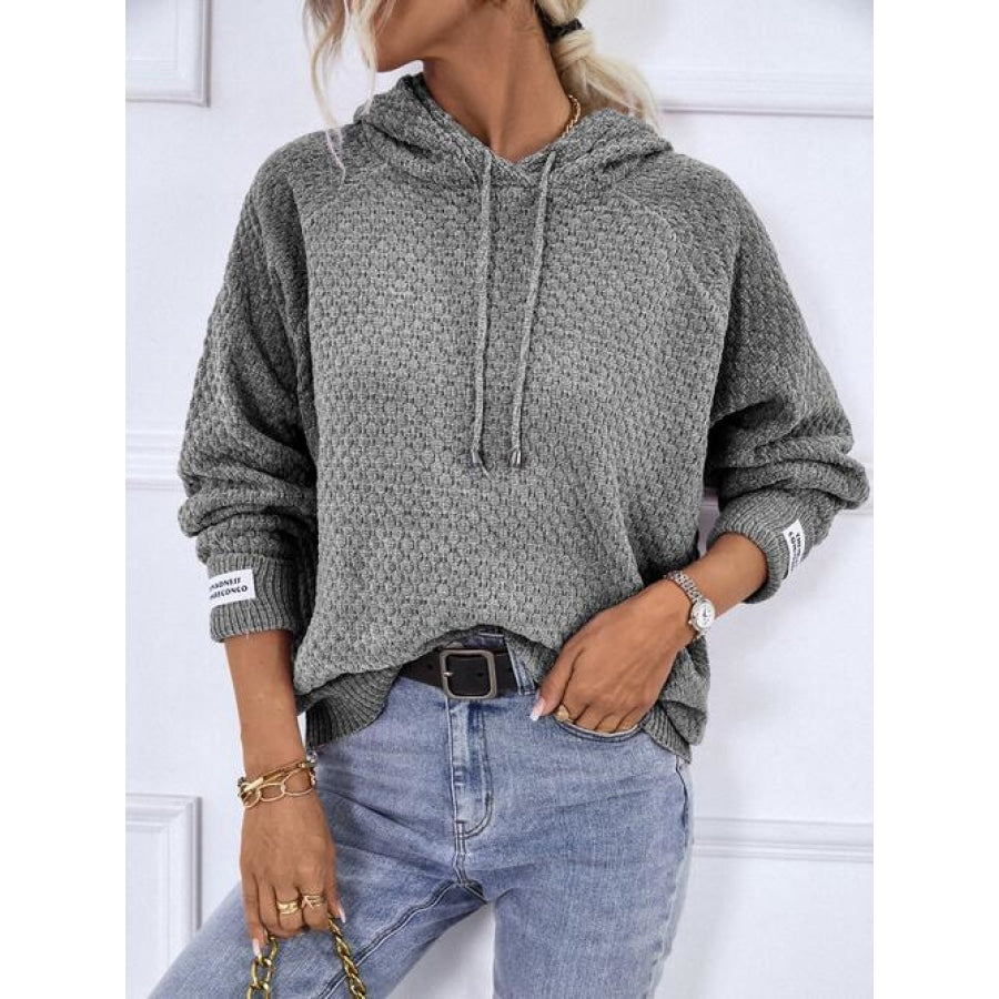 Texture Drawstring Long Sleeve Hooded Sweater Shirts &amp; Tops