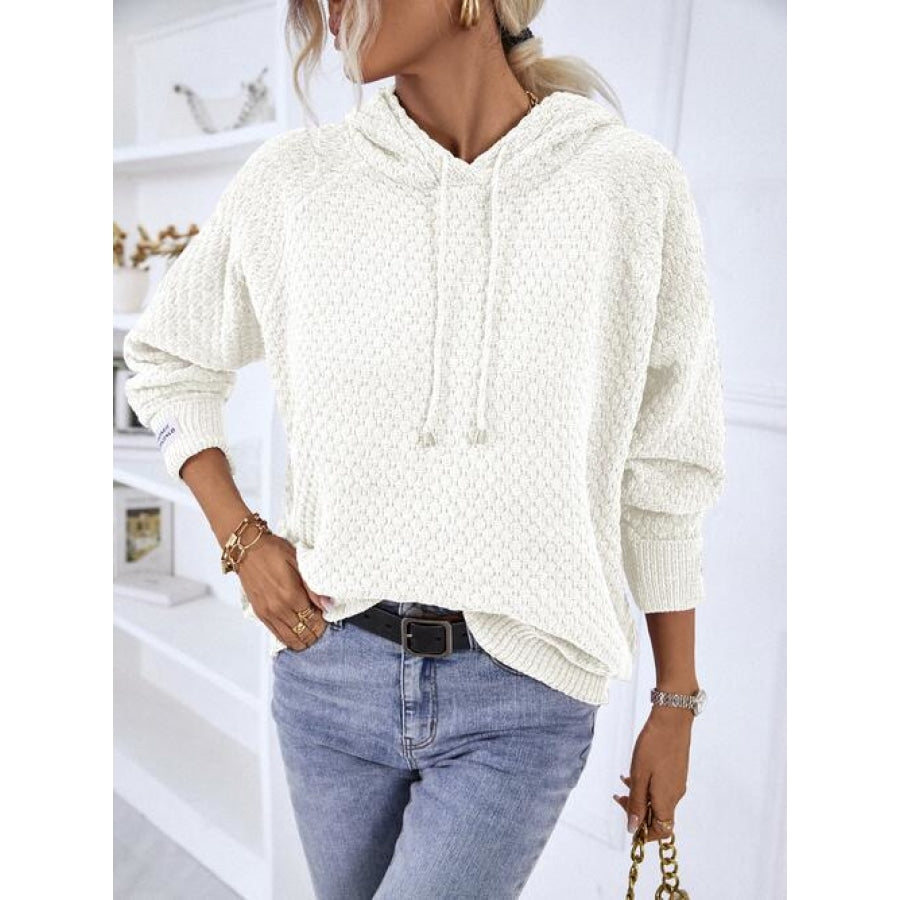 Texture Drawstring Long Sleeve Hooded Sweater White / S Shirts &amp; Tops