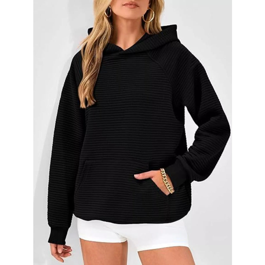 Texture Kangaroo Pocket Raglan Sleeve Hoodie Black / S Apparel and Accessories