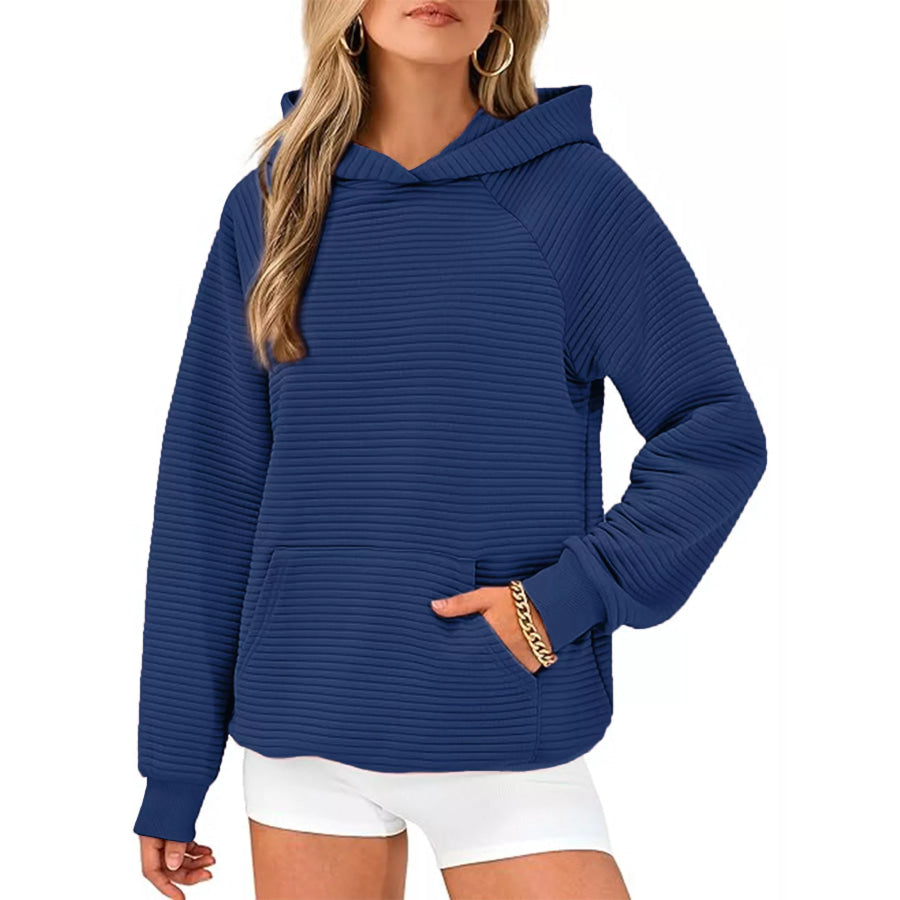 Texture Kangaroo Pocket Raglan Sleeve Hoodie Navy Blue / S Apparel and Accessories