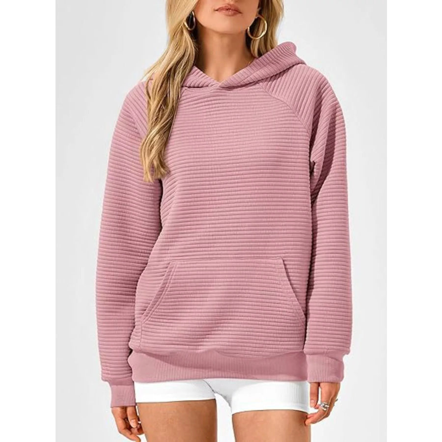 Texture Kangaroo Pocket Raglan Sleeve Hoodie Pink / S Apparel and Accessories