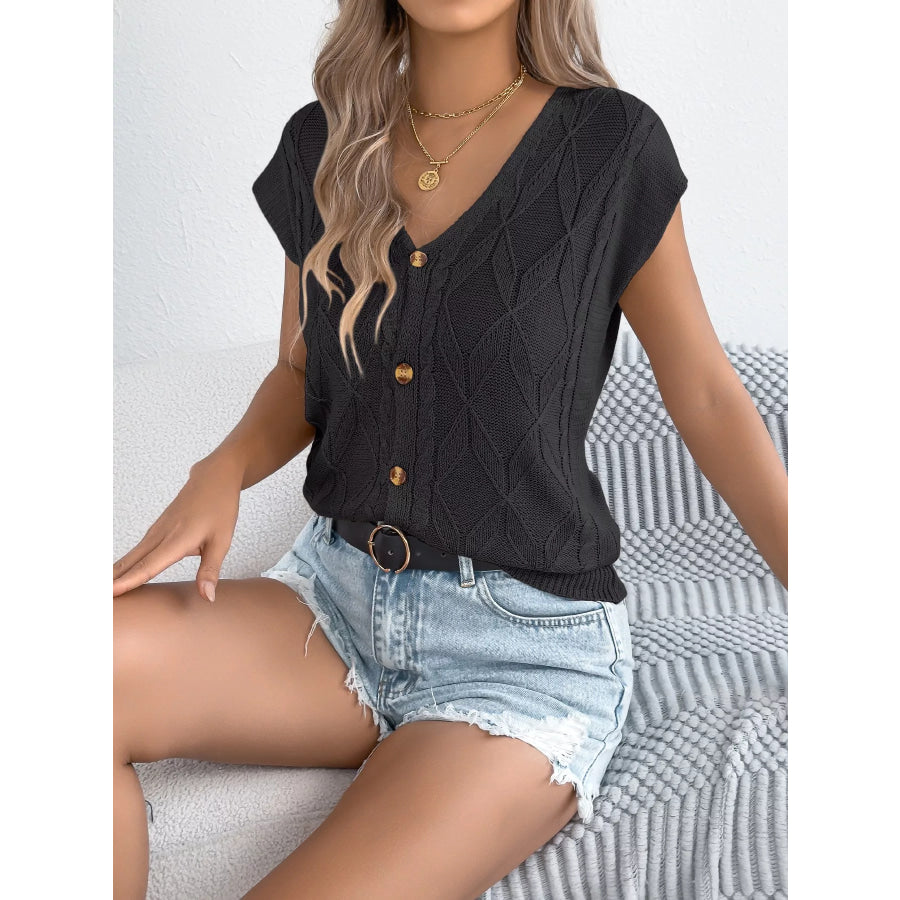 Texture Knit Button Up Cap Sleeve Cardigan Apparel and Accessories