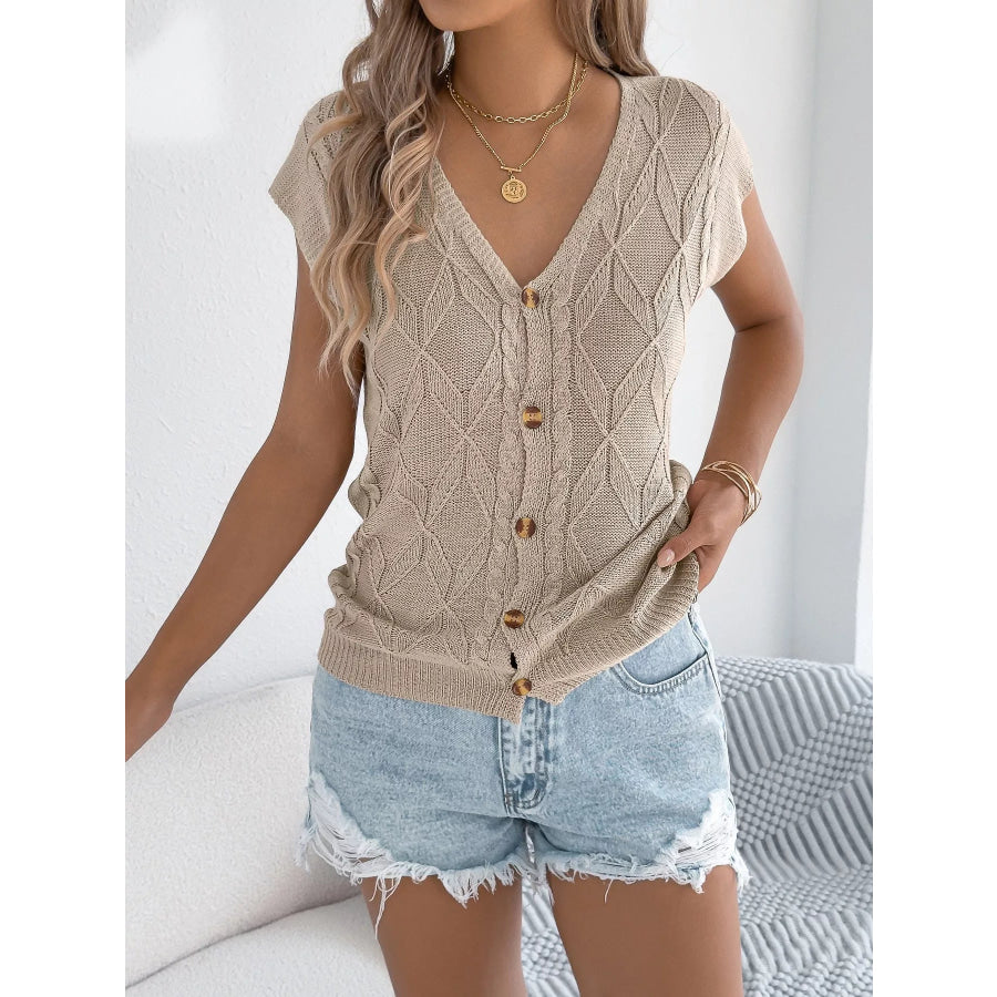 Texture Knit Button Up Cap Sleeve Cardigan Khaki / S Apparel and Accessories