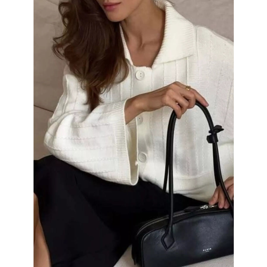 Texture Knit Cardigan with Wide Sleeves and Collar Apparel Accessories