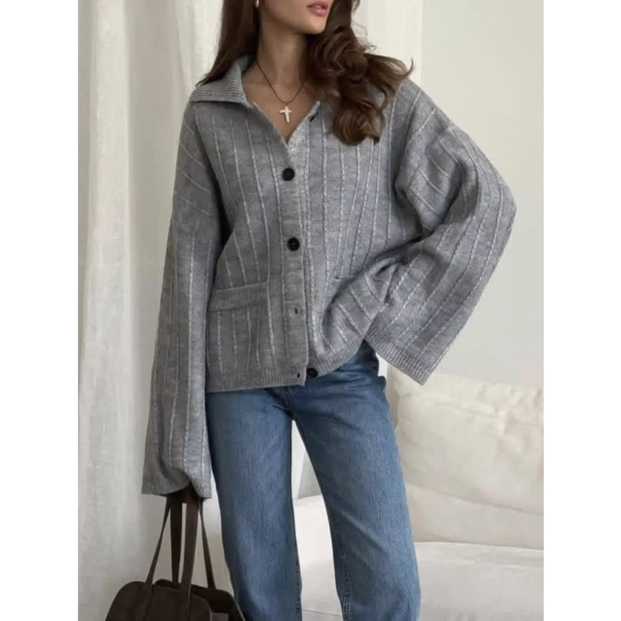 Texture Knit Cardigan with Wide Sleeves and Collar Apparel Accessories