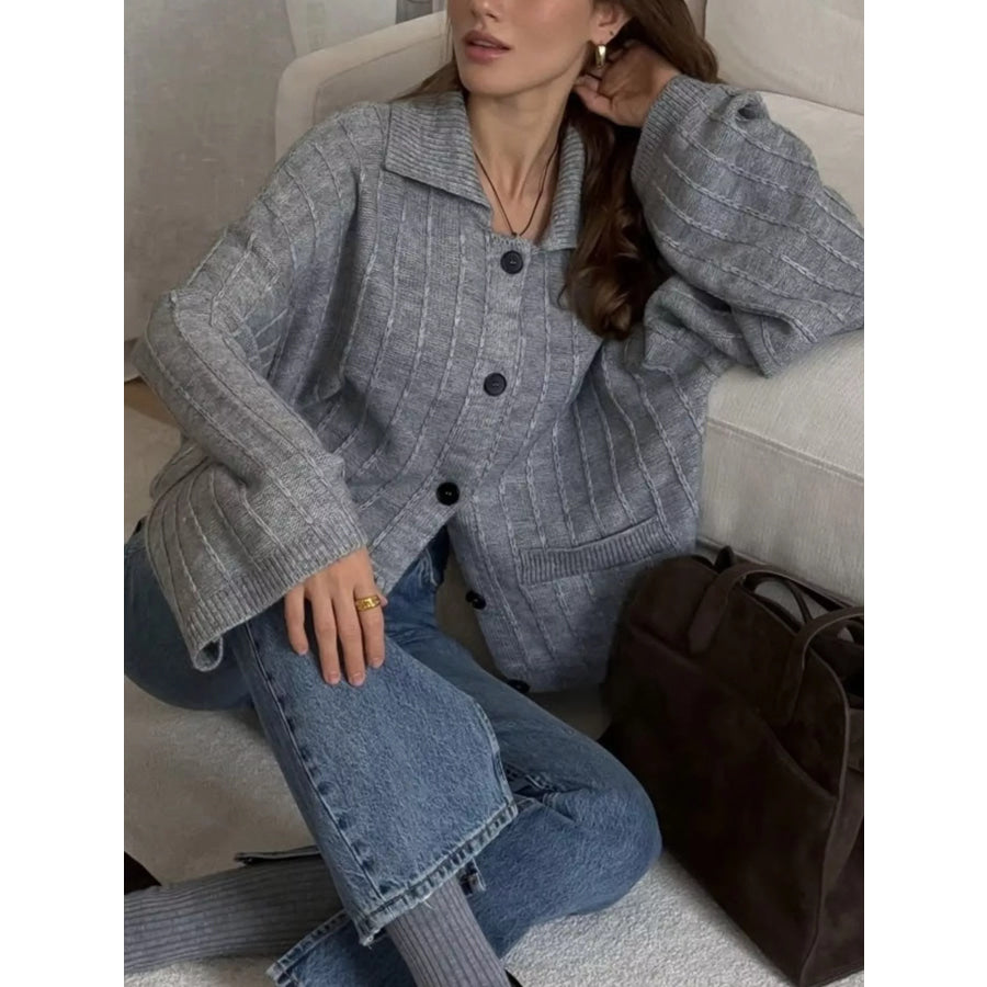 Texture Knit Cardigan with Wide Sleeves and Collar Dark Gray / One Size Apparel Accessories