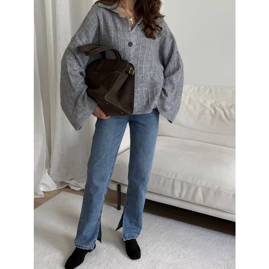 Texture Knit Cardigan with Wide Sleeves and Collar Apparel Accessories