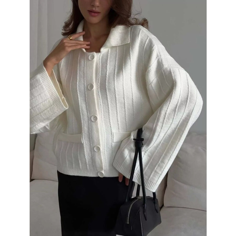 Texture Knit Cardigan with Wide Sleeves and Collar Apparel Accessories