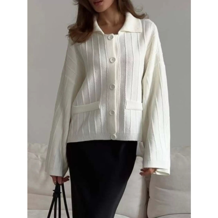 Texture Knit Cardigan with Wide Sleeves and Collar Apparel Accessories