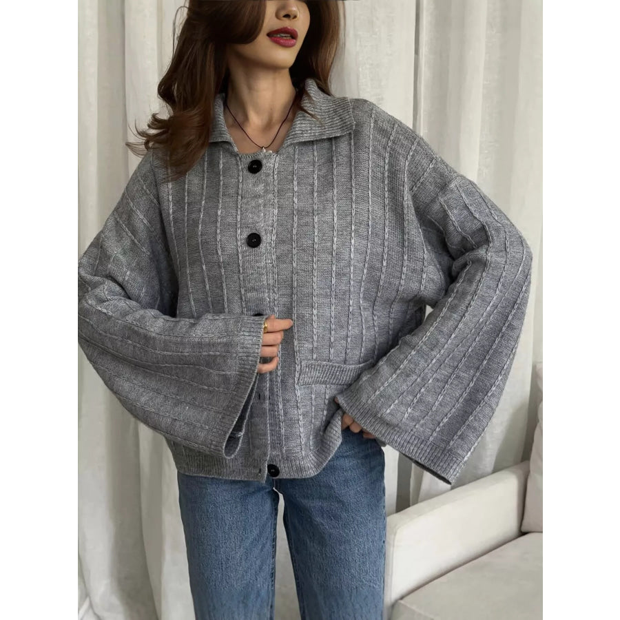 Texture Knit Cardigan with Wide Sleeves and Collar Dark Gray / One Size Apparel Accessories