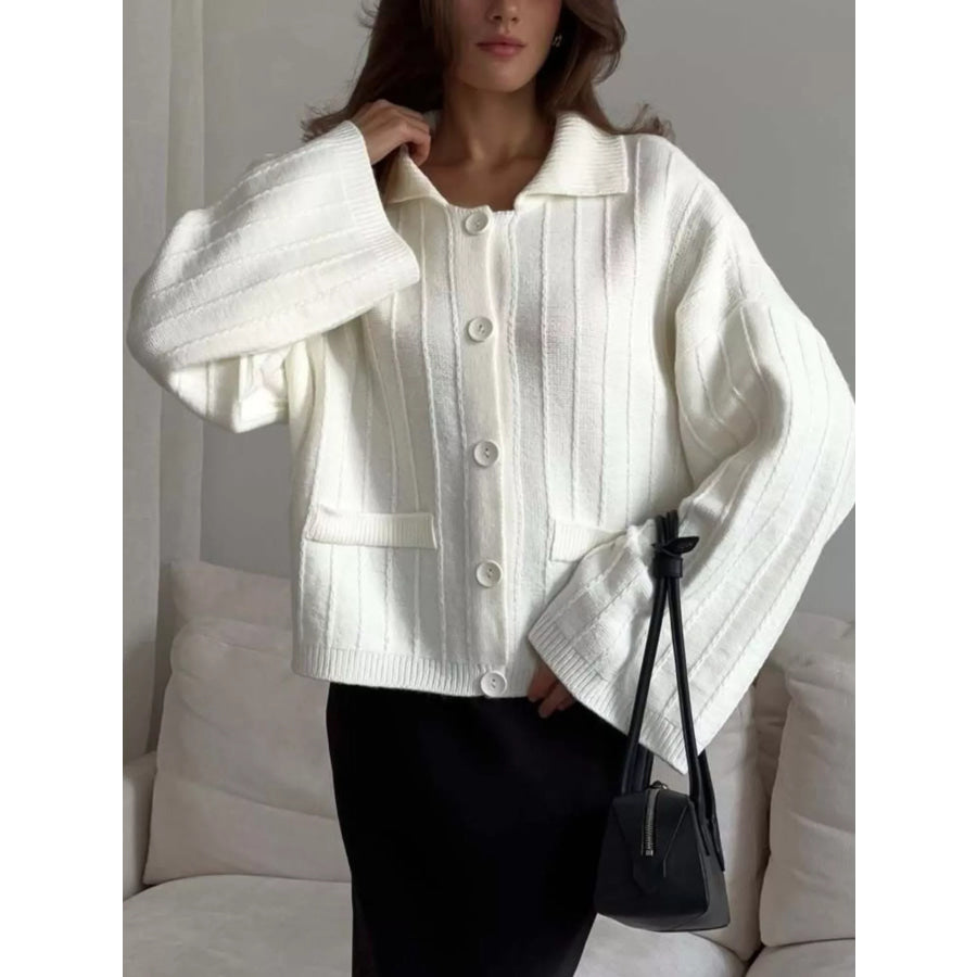 Texture Knit Cardigan with Wide Sleeves and Collar White / One Size Apparel Accessories