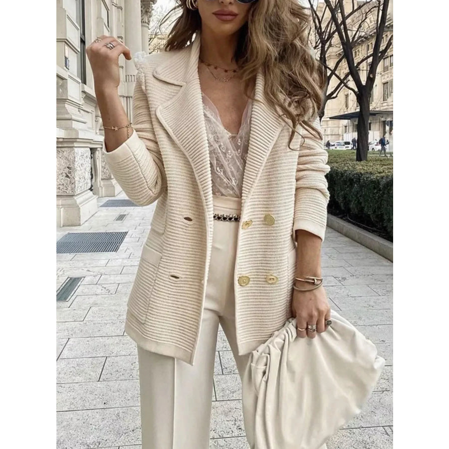 Texture Knit Double-Breasted Blazer Apricot / S Apparel and Accessories
