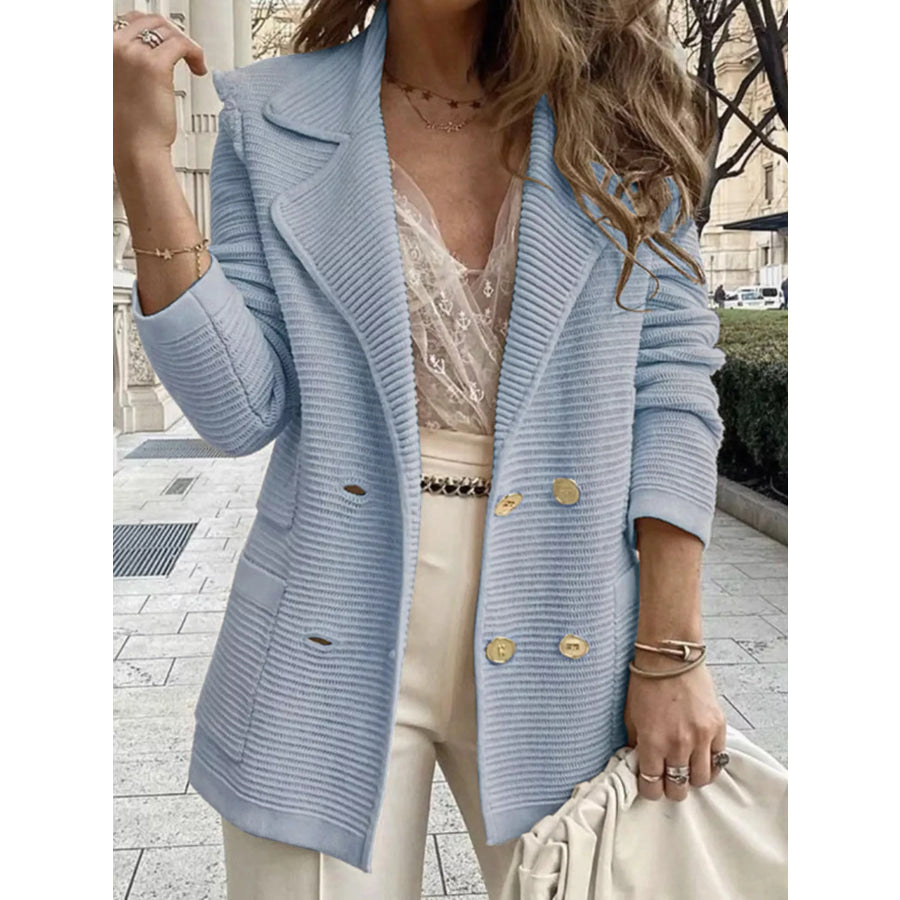 Texture Knit Double-Breasted Blazer Sky Blue / S Apparel and Accessories