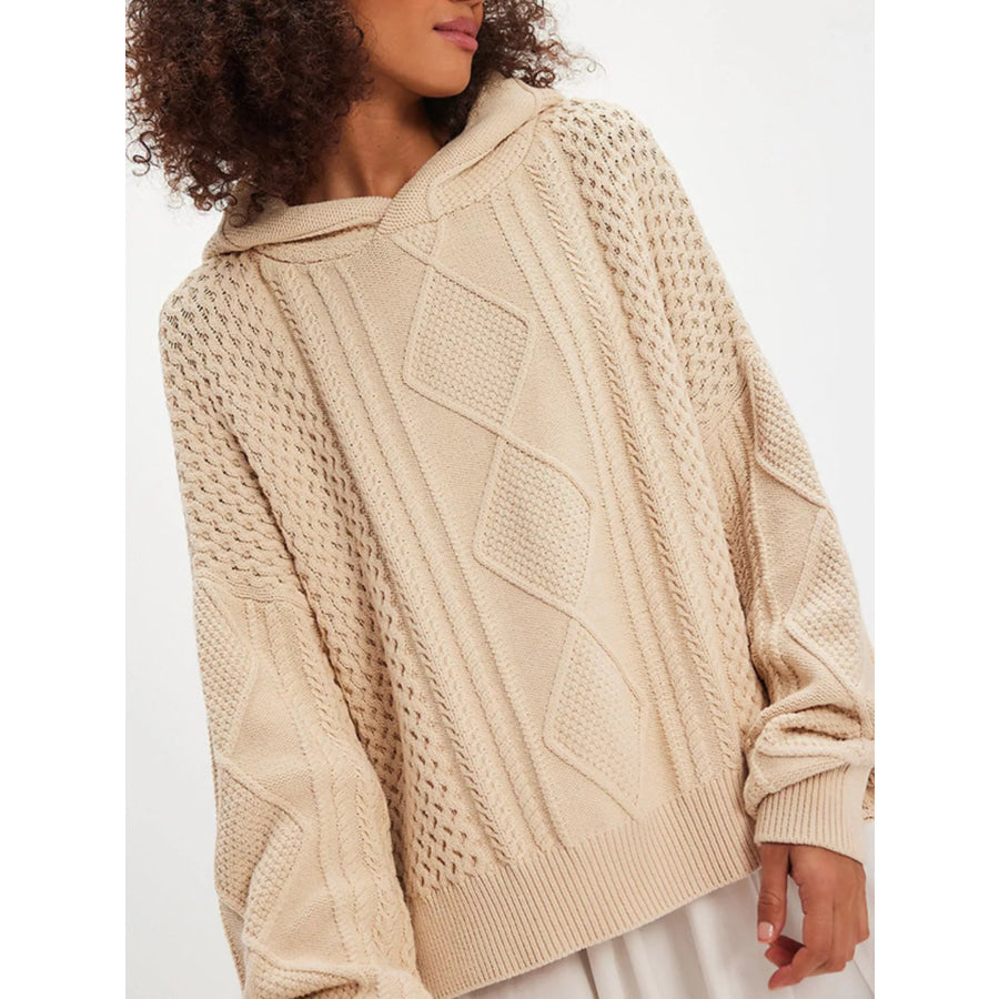 Texture Knit Long Sleeve Hooded Sweater Beige / S Apparel and Accessories