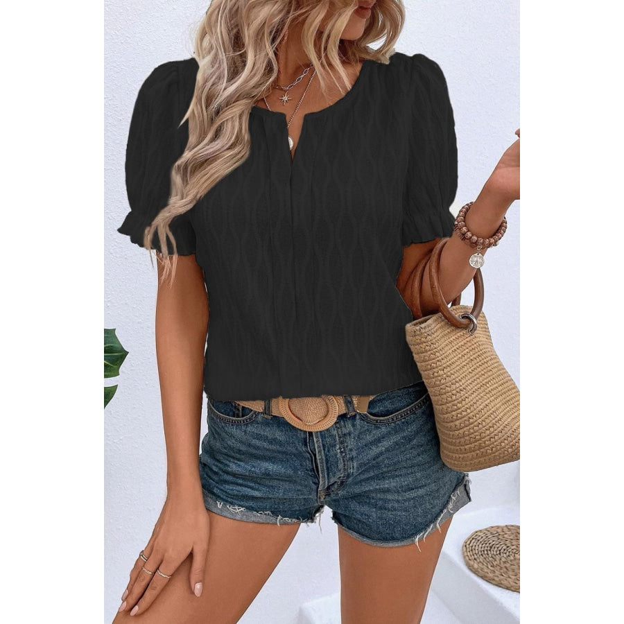 Texture Notched Short Sleeve Blouse Apparel and Accessories