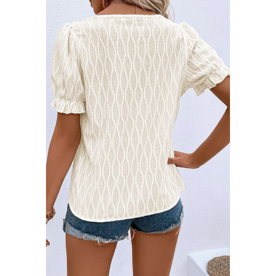 Texture Notched Short Sleeve Blouse Apparel and Accessories